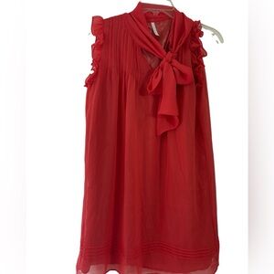 Anthropologie scarlet coral red vintage pin tucked chiffon flowy tunic dress S